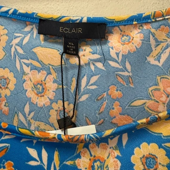 Blue Floral Ruffle Sleeve Blouse XL Boho Cottagecore Top - Picture 4 of 5